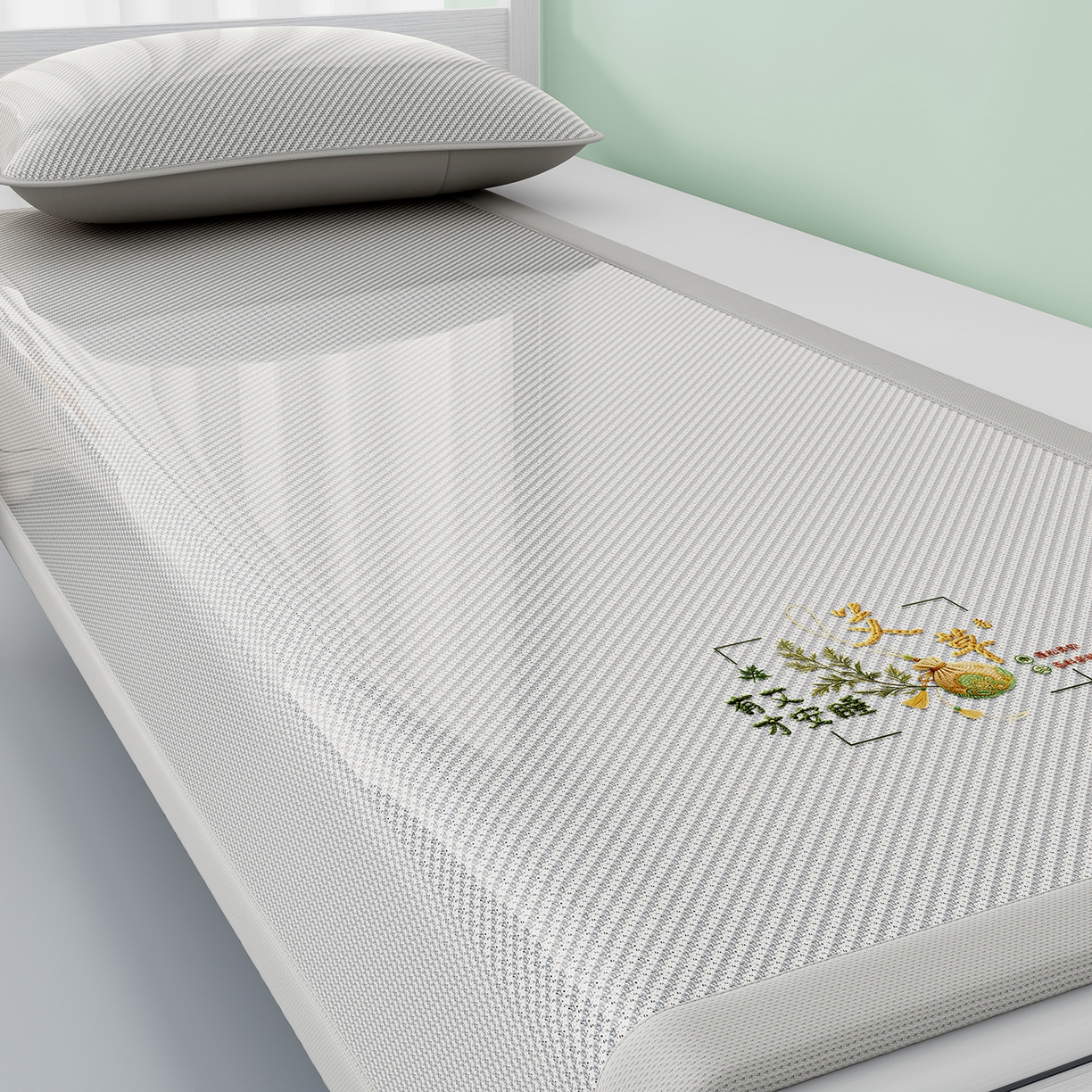 91家纺网 家纺一手货源 找家纺 家品罗兰 2026新款夏季A类艾草碳光凉席三明治冰丝凉席家用冰丝席可机洗学生宿舍上下铺空调软席三件套-学生床 艾草-灰