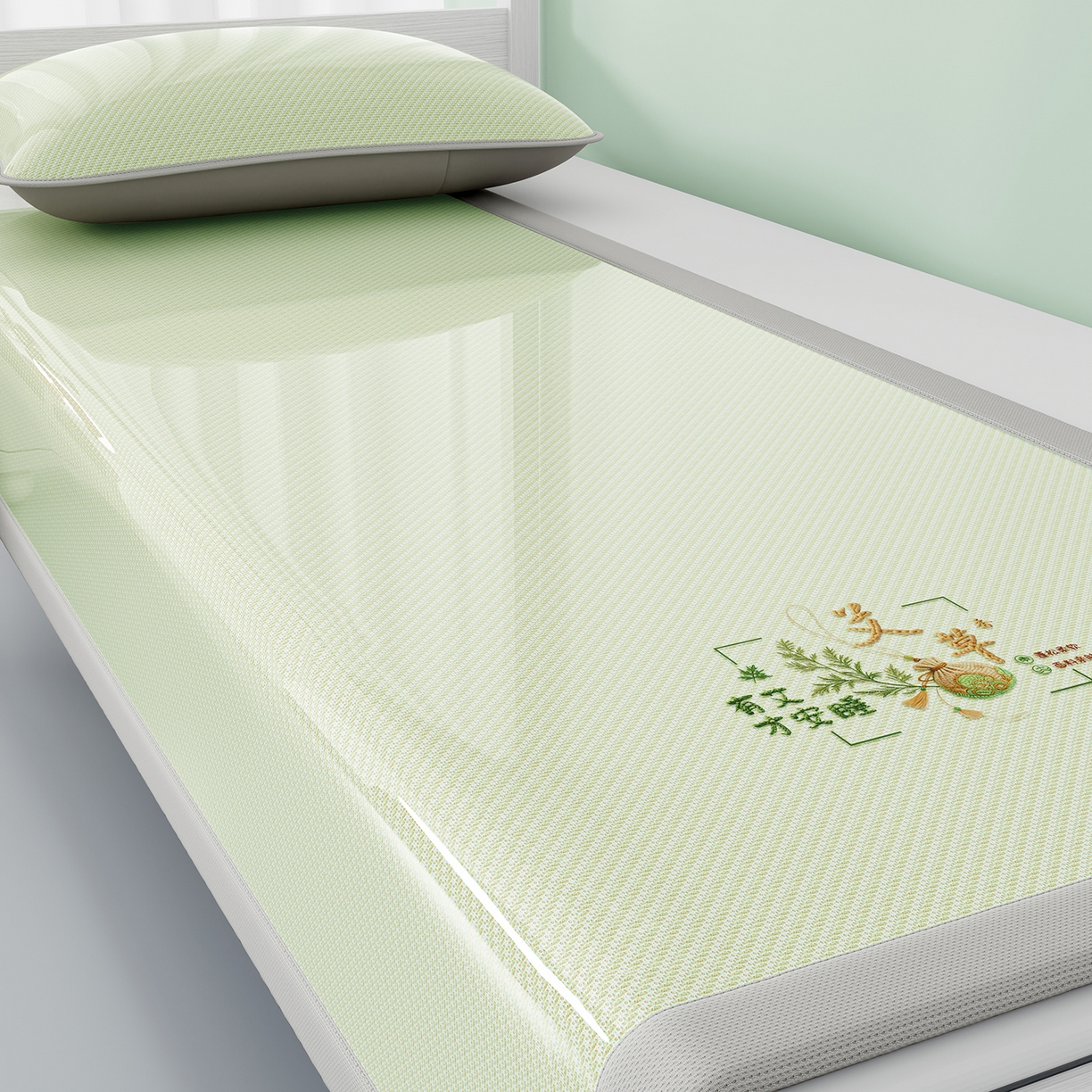 91家纺网 家纺一手货源 找家纺 家品罗兰 2026新款夏季A类艾草碳光凉席三明治冰丝凉席家用冰丝席可机洗学生宿舍上下铺空调软席三件套-学生床 艾草-绿