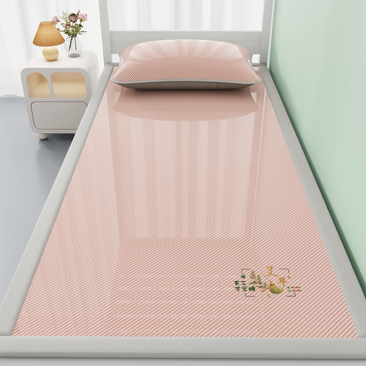 家品罗兰 2026新款夏季A类艾草碳光凉席三明治冰丝凉席家用冰丝席可机洗学生宿舍上下铺空调软席三件套-学生床 艾草-粉