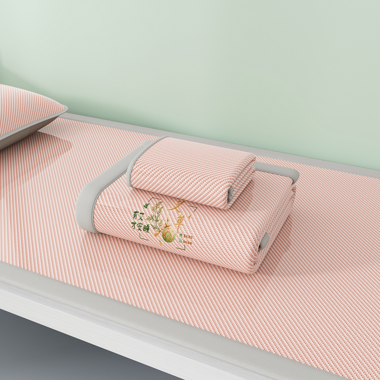 91家纺网 家纺一手货源 找家纺 家品罗兰 2026新款夏季A类艾草碳光凉席三明治冰丝凉席家用冰丝席可机洗学生宿舍上下铺空调软席三件套-学生床 艾草-粉