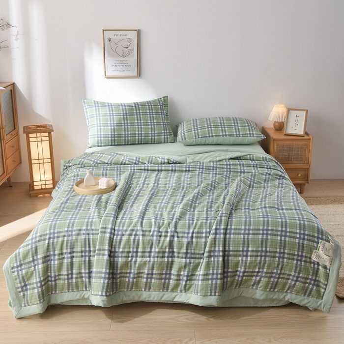 91家纺网 家纺一手货源 找家纺 绒宴家纺 2026新款水洗棉新疆棉花夏被格子款夏凉被空调被 冰川-绿