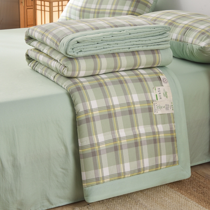 91家纺网 家纺一手货源 找家纺 绒宴家纺 2026新款水洗棉新疆棉花夏被格子款夏凉被空调被 简兮-绿