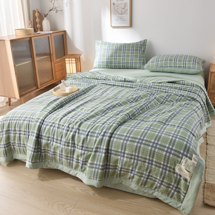 91家纺网 家纺一手货源 找家纺 绒宴家纺 2026新款水洗棉新疆棉花夏被格子款夏凉被空调被 冰川-绿