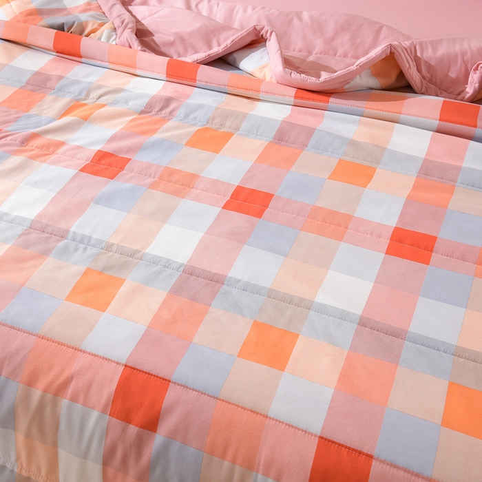 91家纺网 家纺一手货源 找家纺 绒宴家纺 2026新款水洗棉新疆棉花夏被格子款夏凉被空调被 落日-桔