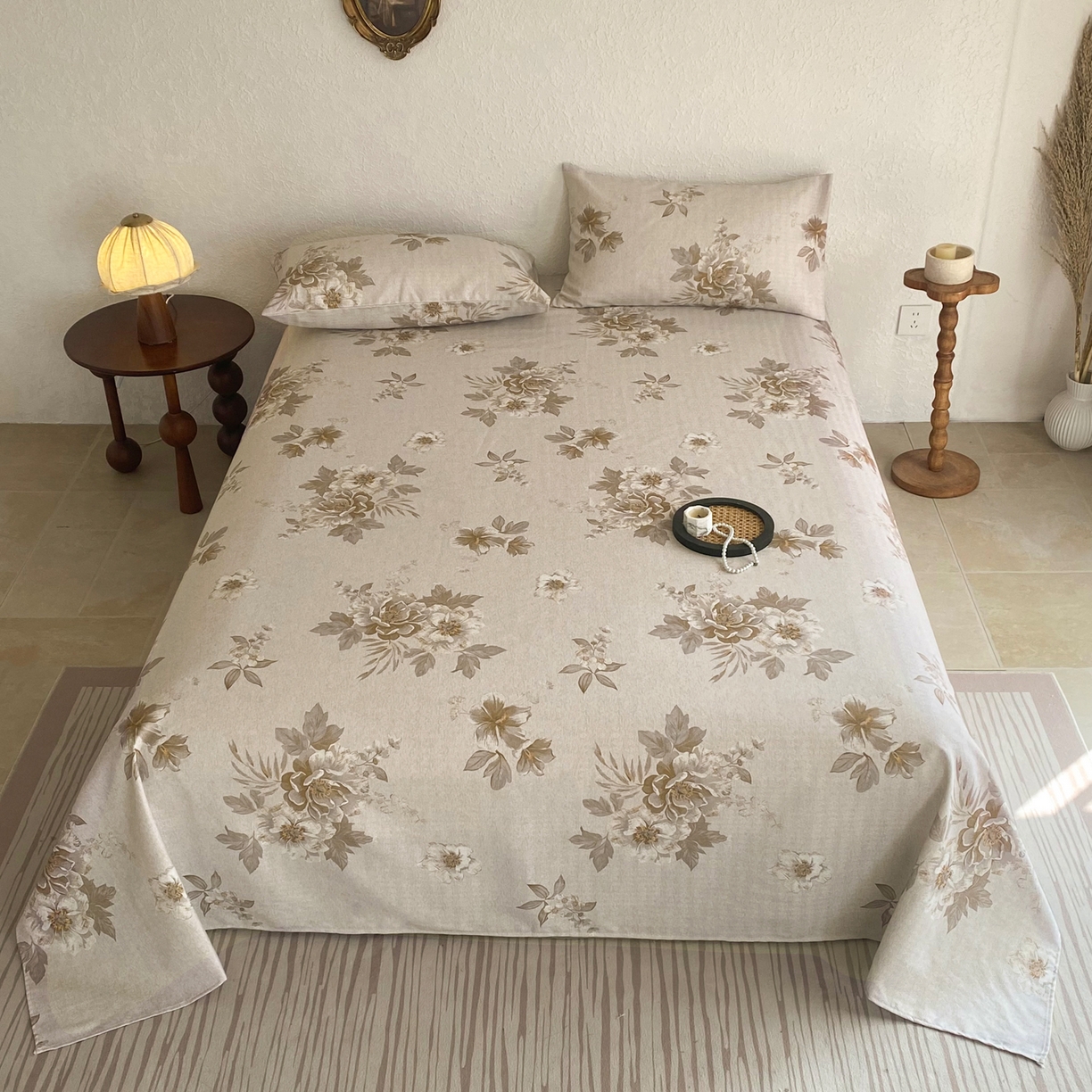 91家纺网 家纺一手货源 找家纺 首爱家纺 2026新款亚麻老粗布印花床单 晚棠