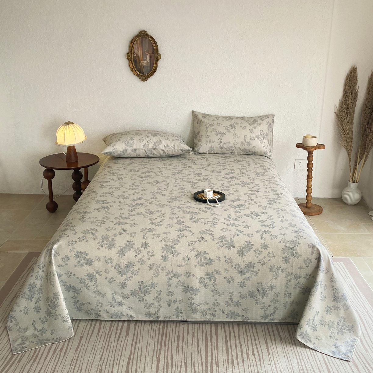 91家纺网 家纺一手货源 找家纺 首爱家纺 2026新款亚麻老粗布印花床单 青岚