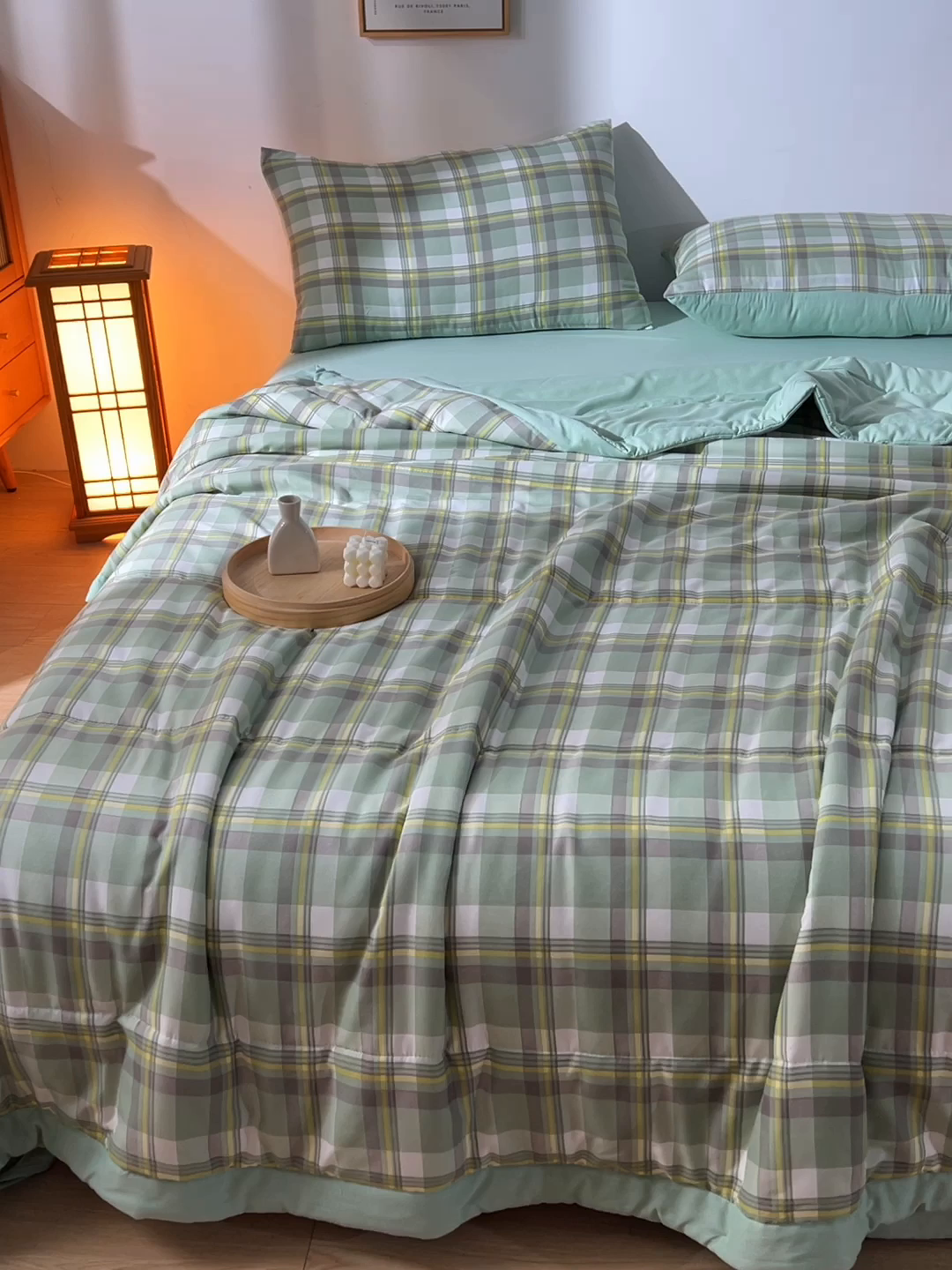 91家纺网 家纺一手货源 找家纺 绒宴家纺 2026新款水洗棉新疆棉花夏被格子款夏凉被空调被 简兮-绿