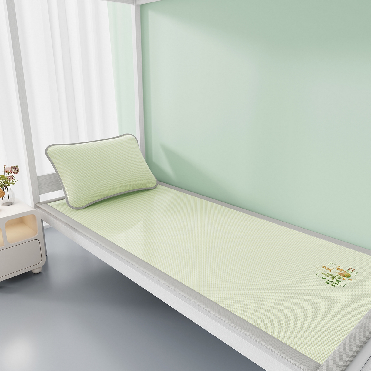 91家纺网 家纺一手货源 找家纺 奇丝雅 2026新款夏季A类艾草碳光凉席三明治冰丝凉席家用冰丝席可机洗学生宿舍上下铺空调软席三件套-学生床 艾草-绿（三明治网底）