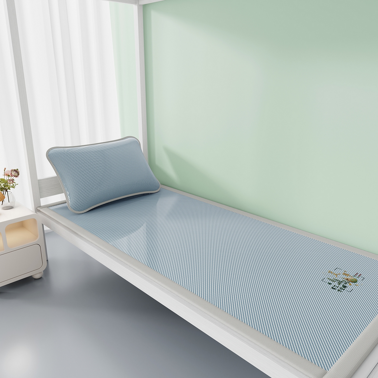 91家纺网 家纺一手货源 找家纺 奇丝雅 2026新款夏季A类艾草碳光凉席三明治冰丝凉席家用冰丝席可机洗学生宿舍上下铺空调软席三件套-学生床 艾草-蓝（三明治网底）