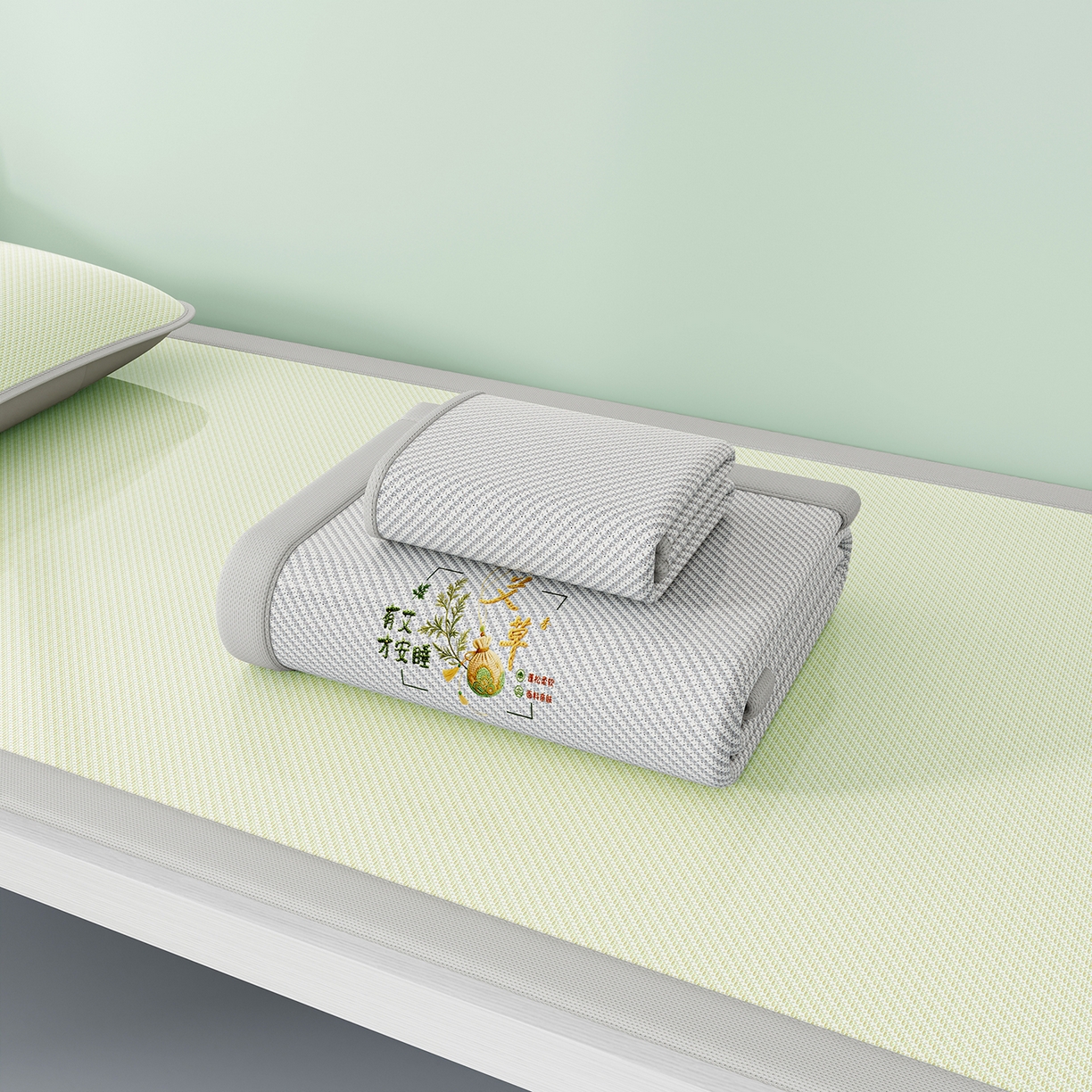 91家纺网 家纺一手货源 找家纺 奇丝雅 2026新款夏季A类艾草碳光凉席三明治冰丝凉席家用冰丝席可机洗学生宿舍上下铺空调软席三件套-学生床 艾草-灰（三明治网底）
