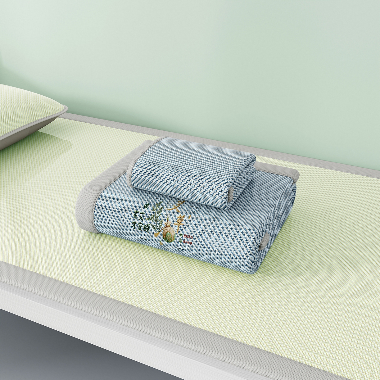 91家纺网 家纺一手货源 找家纺 奇丝雅 2026新款夏季A类艾草碳光凉席三明治冰丝凉席家用冰丝席可机洗学生宿舍上下铺空调软席三件套-学生床 艾草-蓝（三明治网底）