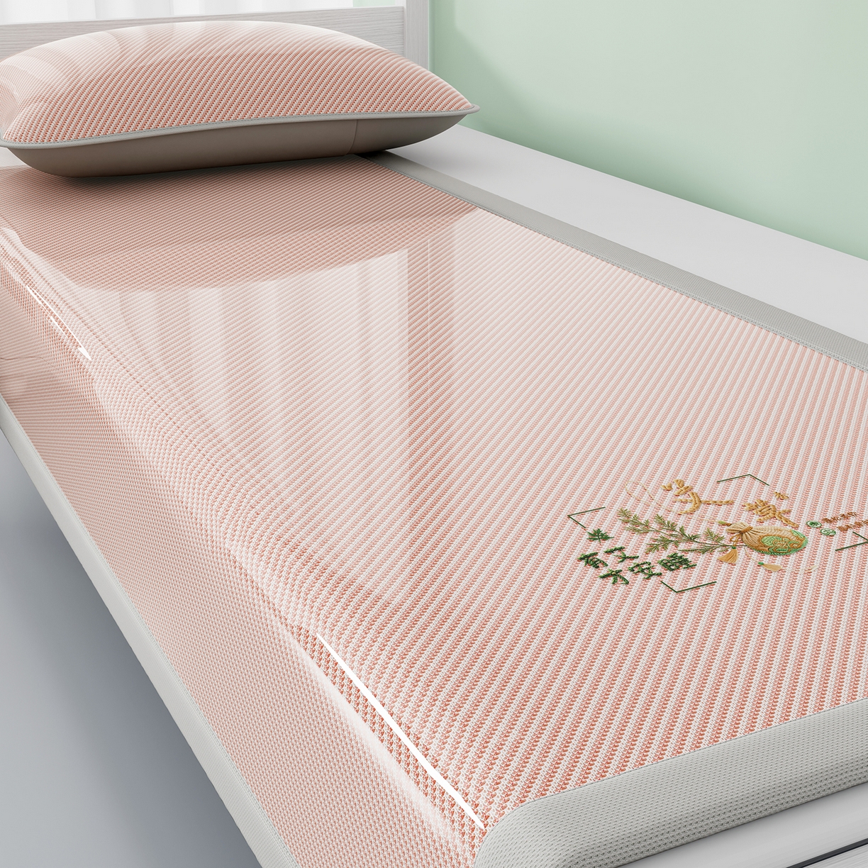 91家纺网 家纺一手货源 找家纺 奇丝雅 2026新款夏季A类艾草碳光凉席三明治冰丝凉席家用冰丝席可机洗学生宿舍上下铺空调软席三件套-学生床 艾草-粉（三明治网底）