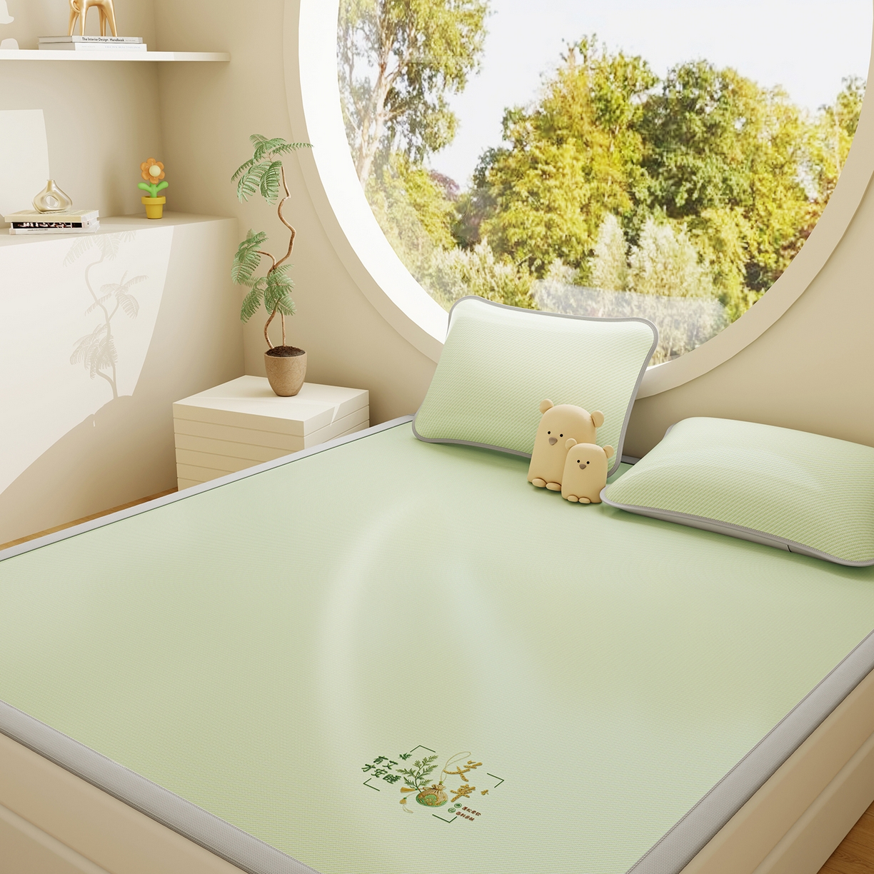 91家纺网 家纺一手货源 找家纺 （总）奇丝雅 2026新款夏季A类艾草碳光凉席三明治冰丝凉席家用冰丝席可机洗学生宿舍上下铺空调软席三件套-大床