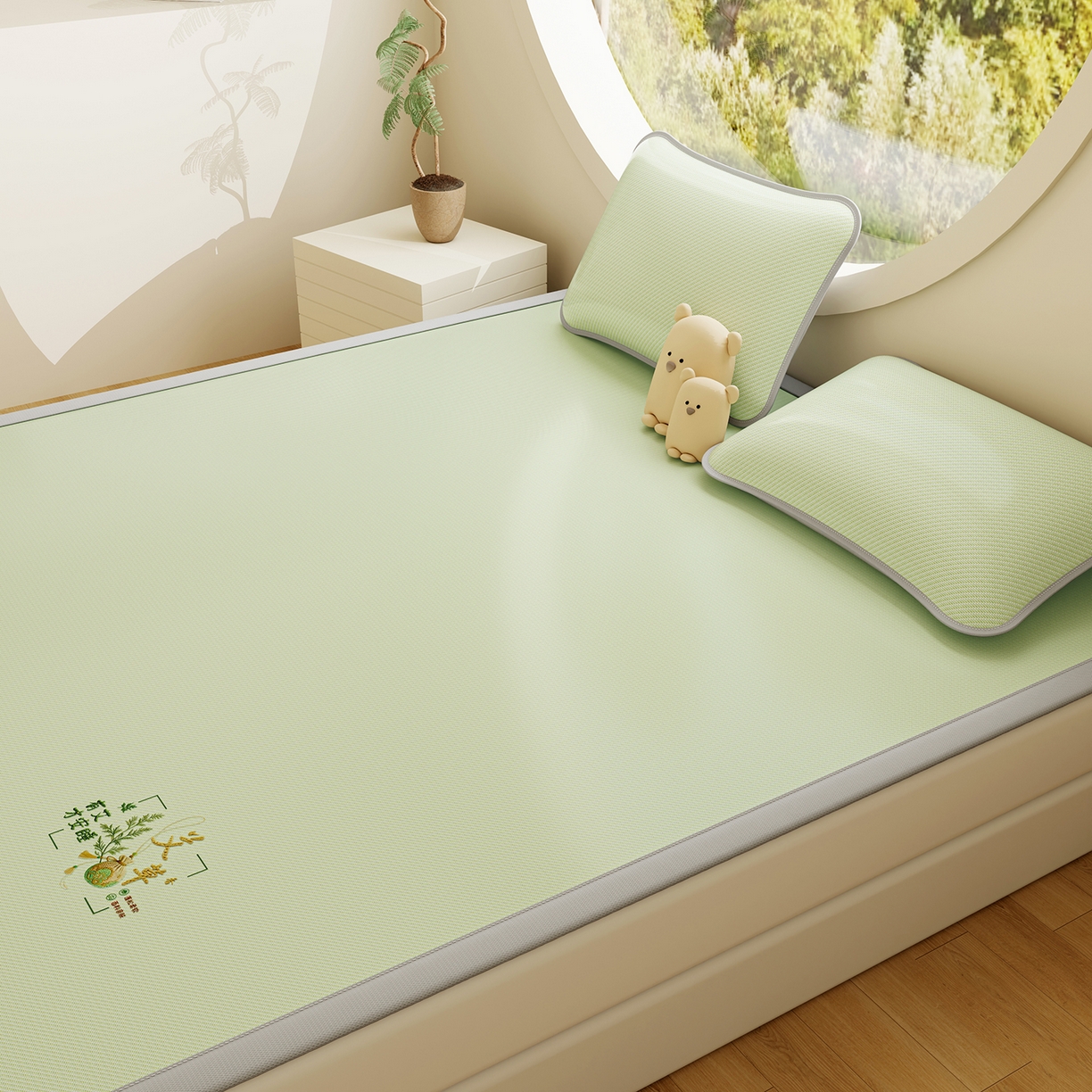 91家纺网 家纺一手货源 找家纺 奇丝雅 2026新款夏季A类艾草碳光凉席三明治冰丝凉席家用冰丝席可机洗学生宿舍上下铺空调软席三件套-大床 艾草-绿（三明治网底）