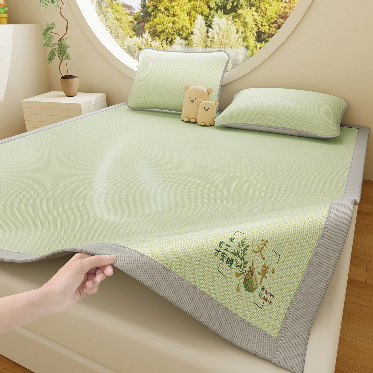 91家纺网 家纺一手货源 找家纺 （总）奇丝雅 2026新款夏季A类艾草碳光凉席三明治冰丝凉席家用冰丝席可机洗学生宿舍上下铺空调软席三件套-大床