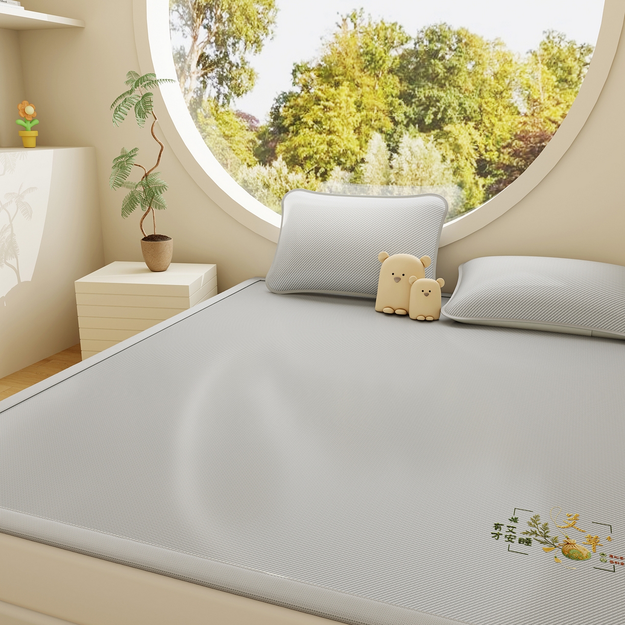 91家纺网 家纺一手货源 找家纺 奇丝雅 2026新款夏季A类艾草碳光凉席三明治冰丝凉席家用冰丝席可机洗学生宿舍上下铺空调软席三件套-大床 艾草-灰（三明治网底）