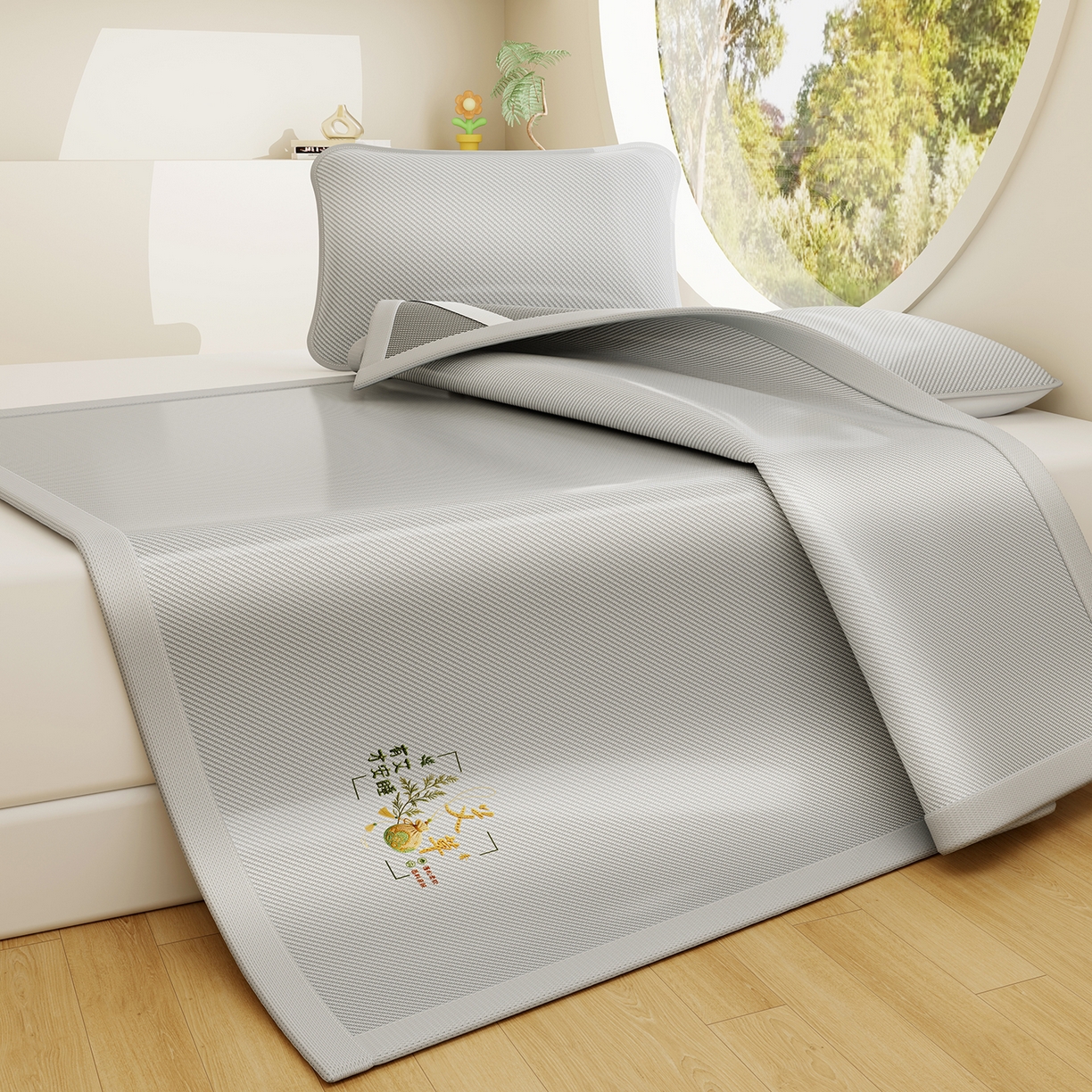 91家纺网 家纺一手货源 找家纺 奇丝雅 2026新款夏季A类艾草碳光凉席三明治冰丝凉席家用冰丝席可机洗学生宿舍上下铺空调软席三件套-大床 艾草-灰（三明治网底）