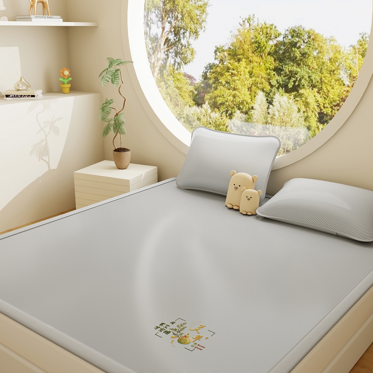 91家纺网 家纺一手货源 找家纺 奇丝雅 2026新款夏季A类艾草碳光凉席三明治冰丝凉席家用冰丝席可机洗学生宿舍上下铺空调软席三件套-大床 艾草-灰（三明治网底）