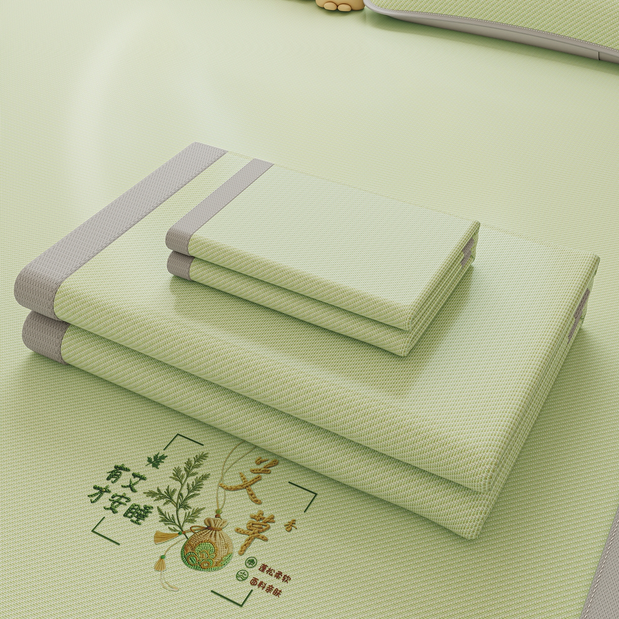 91家纺网 家纺一手货源 找家纺 奇丝雅 2026新款夏季A类艾草碳光凉席三明治冰丝凉席家用冰丝席可机洗学生宿舍上下铺空调软席三件套-大床 艾草-绿（三明治网底）