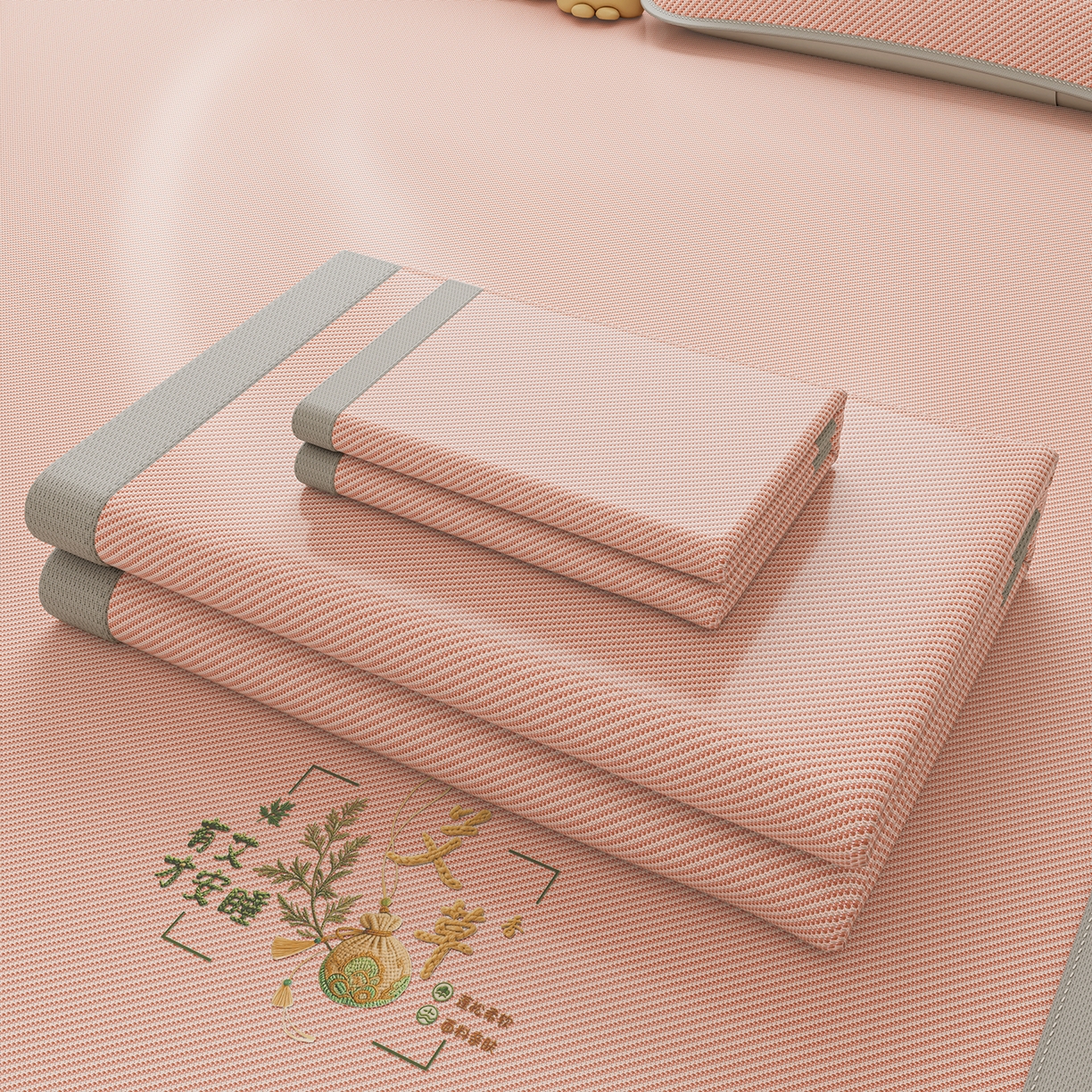 91家纺网 家纺一手货源 找家纺 奇丝雅 2026新款夏季A类艾草碳光凉席三明治冰丝凉席家用冰丝席可机洗学生宿舍上下铺空调软席三件套-大床 艾草-粉（三明治网底）