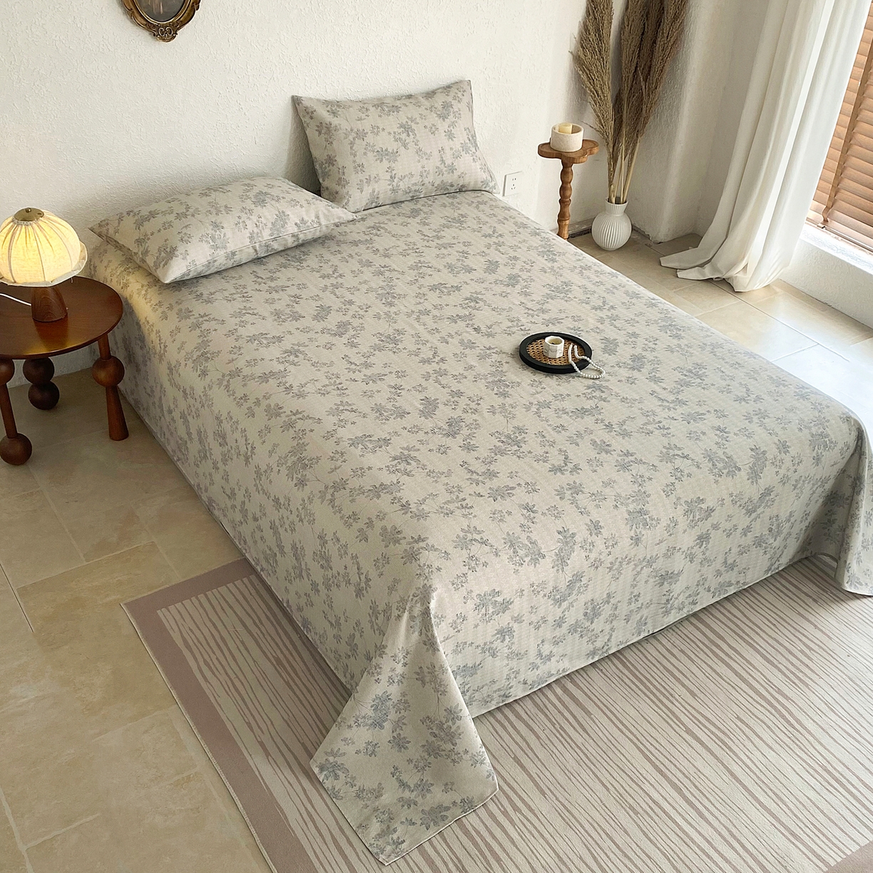 91家纺网 家纺一手货源 找家纺 棉乐町家居 2026新款亚麻老粗布印花床单 青岚