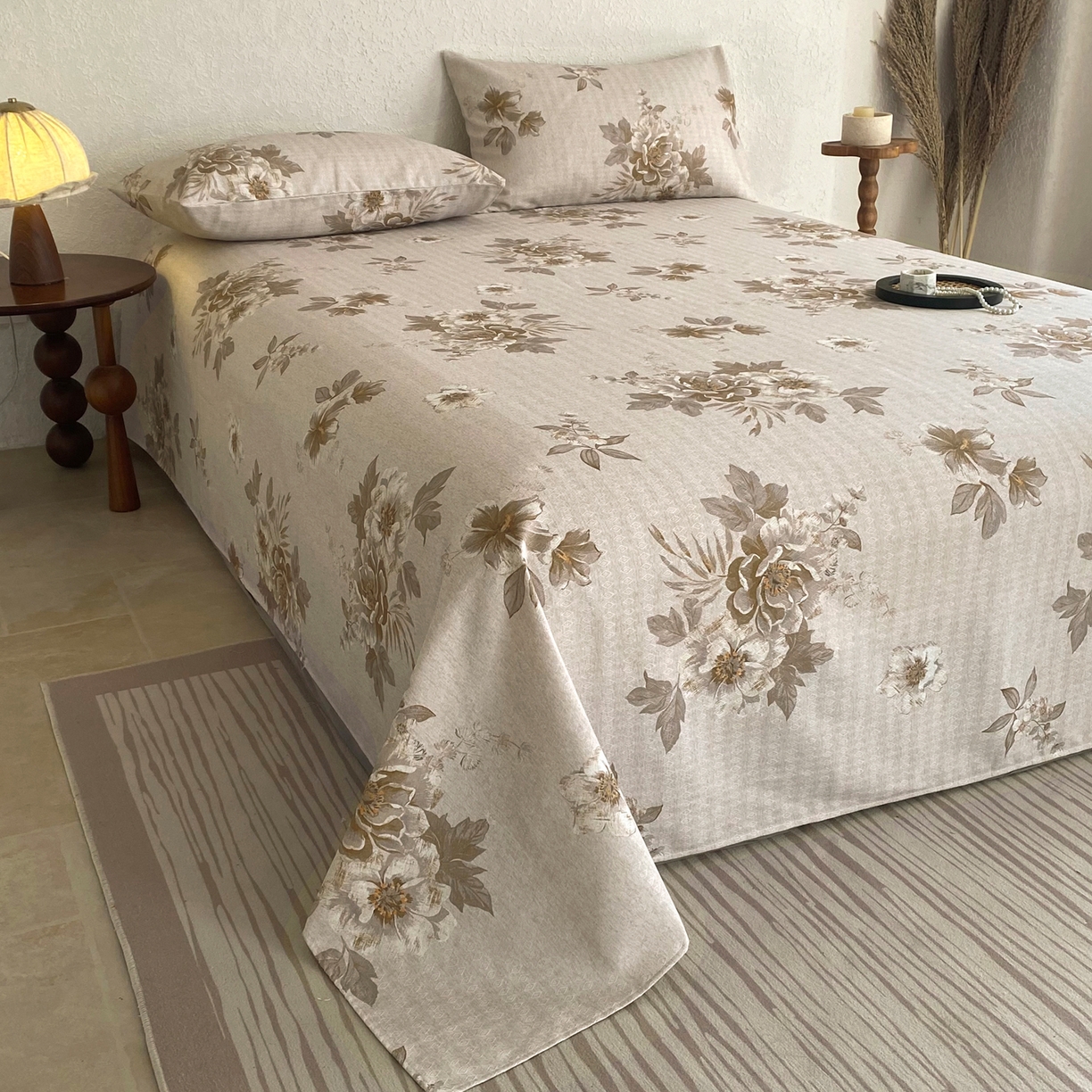 91家纺网 家纺一手货源 找家纺 棉乐町家居 2026新款亚麻老粗布印花床单 晚棠