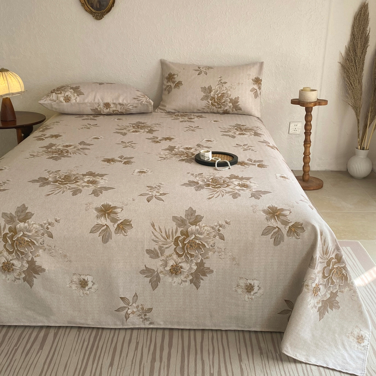 91家纺网 家纺一手货源 找家纺 金泰莱 2026新款亚麻老粗布印花床单 晚棠