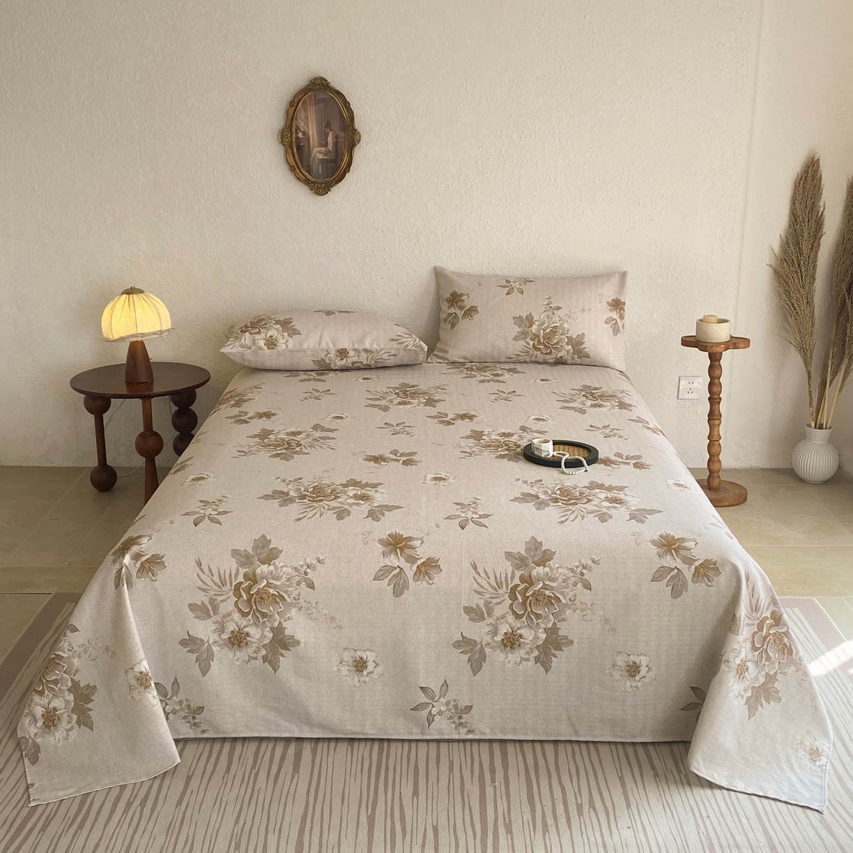 91家纺网 家纺一手货源 找家纺 金泰莱 2026新款亚麻老粗布印花床单 晚棠