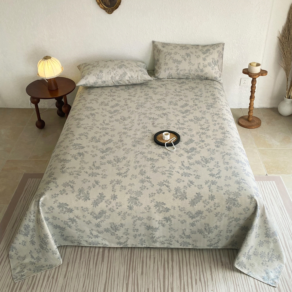 91家纺网 家纺一手货源 找家纺 金泰莱 2026新款亚麻老粗布印花床单 青岚