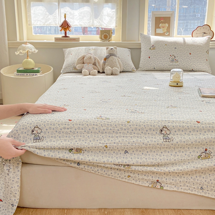 91家纺网 家纺一手货源 找家纺 晓时候 2026新款A类云感双层纱床单三件套单品单件床单 璀璨小狗