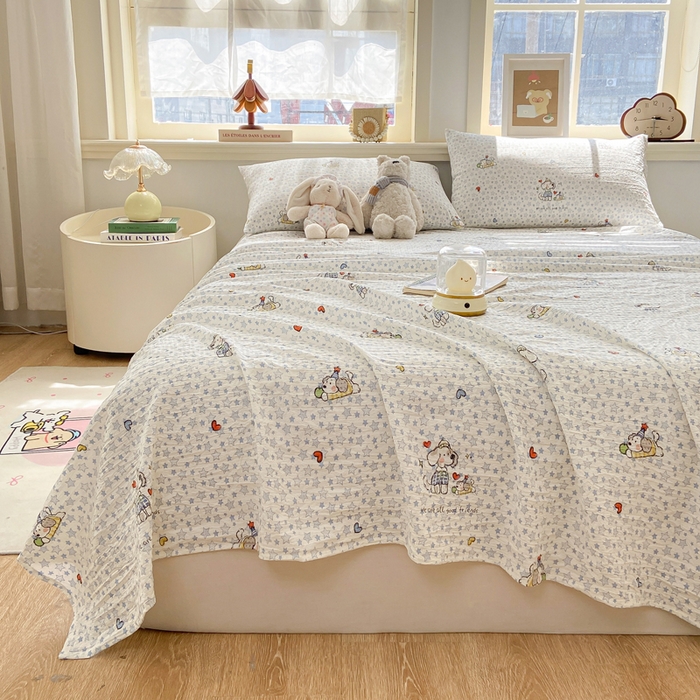 91家纺网 家纺一手货源 找家纺 晓时候 2026新款A类云感双层纱床单三件套单品单件床单 璀璨小狗