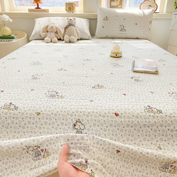 91家纺网 家纺一手货源 找家纺 晓时候 2026新款A类云感双层纱床单三件套单品单件床单 璀璨小狗