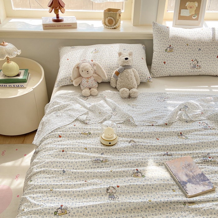 91家纺网 家纺一手货源 找家纺 晓时候 2026新款A类云感双层纱床单三件套单品单件床单 璀璨小狗