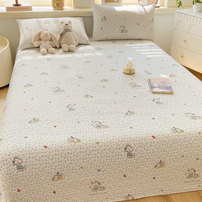 91家纺网 家纺一手货源 找家纺 晓时候 2026新款A类云感双层纱床单三件套单品单件床单 璀璨小狗