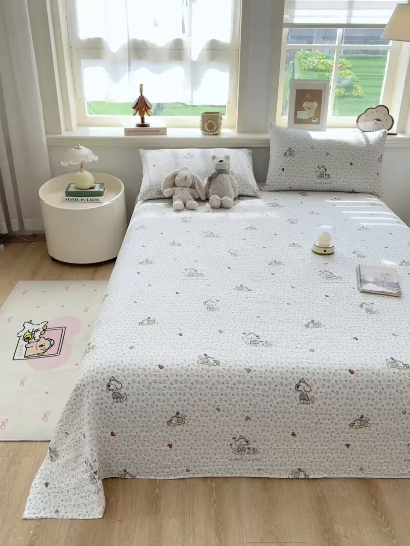 91家纺网 家纺一手货源 找家纺 晓时候 2026新款A类云感双层纱床单三件套单品单件床单 璀璨小狗