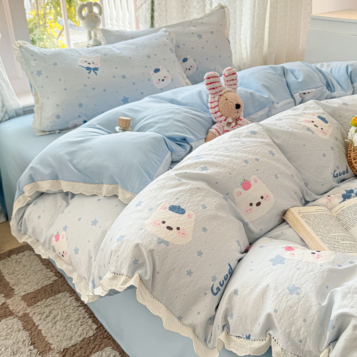 91家纺网 家纺一手货源 找家纺 （总）寻米 2026新款全棉镂空花边云感双层纱四件套