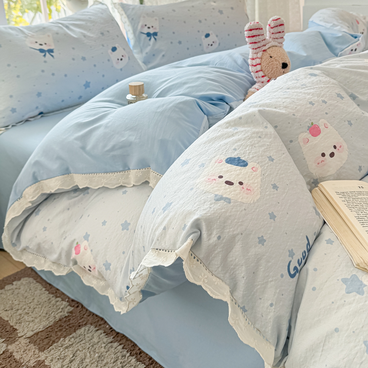 91家纺网 家纺一手货源 找家纺 寻米 2026新款全棉镂空花边云感双层纱四件套 云朵小泡芙