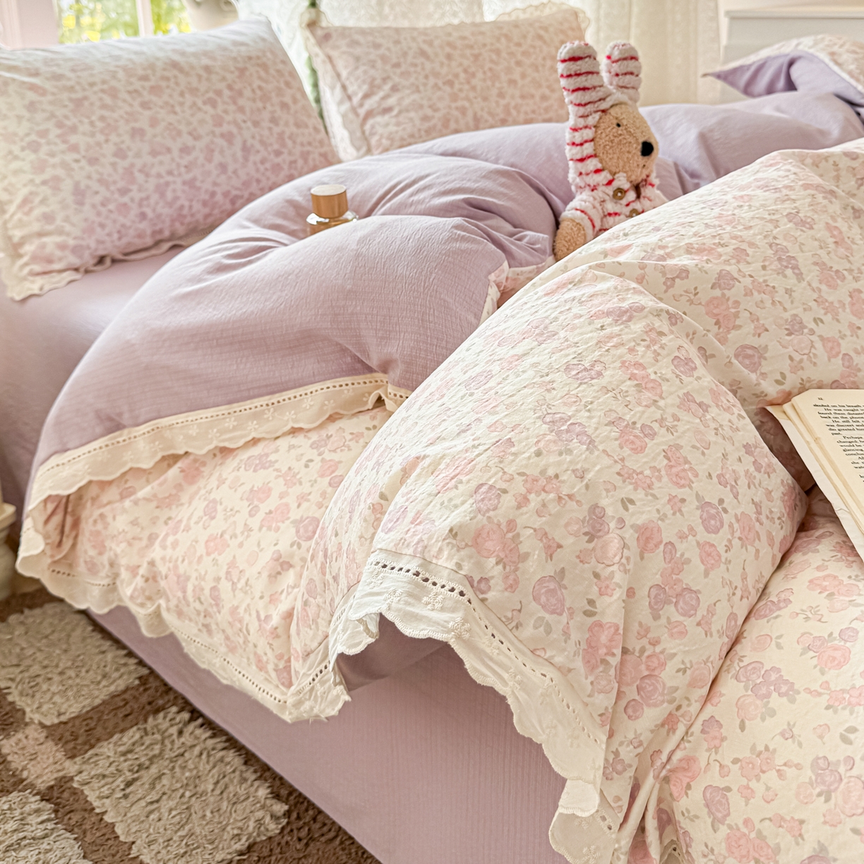 91家纺网 家纺一手货源 找家纺 （总）寻米 2026新款全棉镂空花边云感双层纱四件套