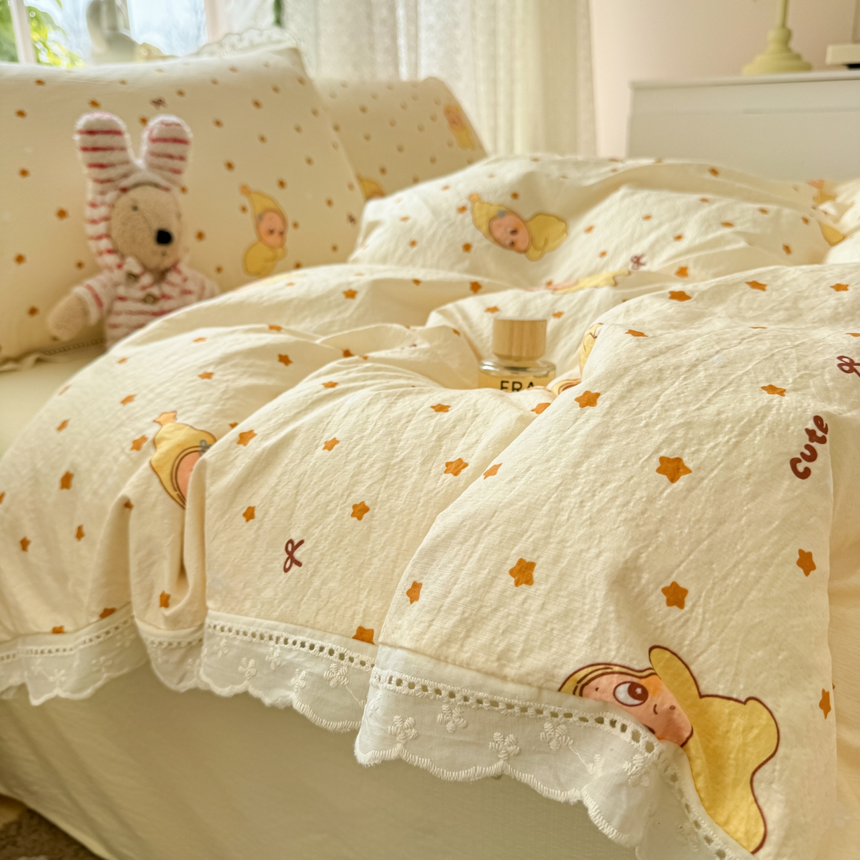 91家纺网 家纺一手货源 找家纺 寻米 2026新款全棉镂空花边云感双层纱四件套 摘星星