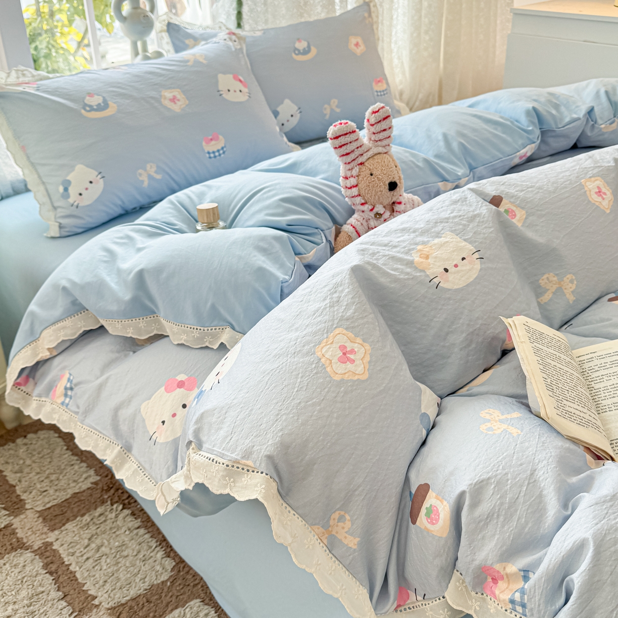 91家纺网 家纺一手货源 找家纺 寻米 2026新款全棉镂空花边云感双层纱四件套 海盐奶糖