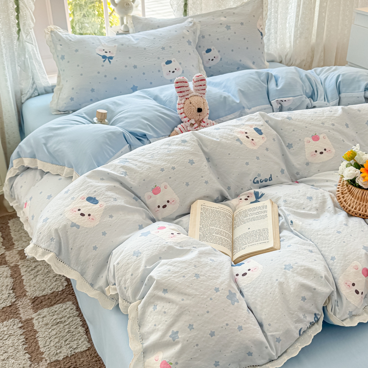 91家纺网 家纺一手货源 找家纺 寻米 2026新款全棉镂空花边云感双层纱四件套 云朵小泡芙