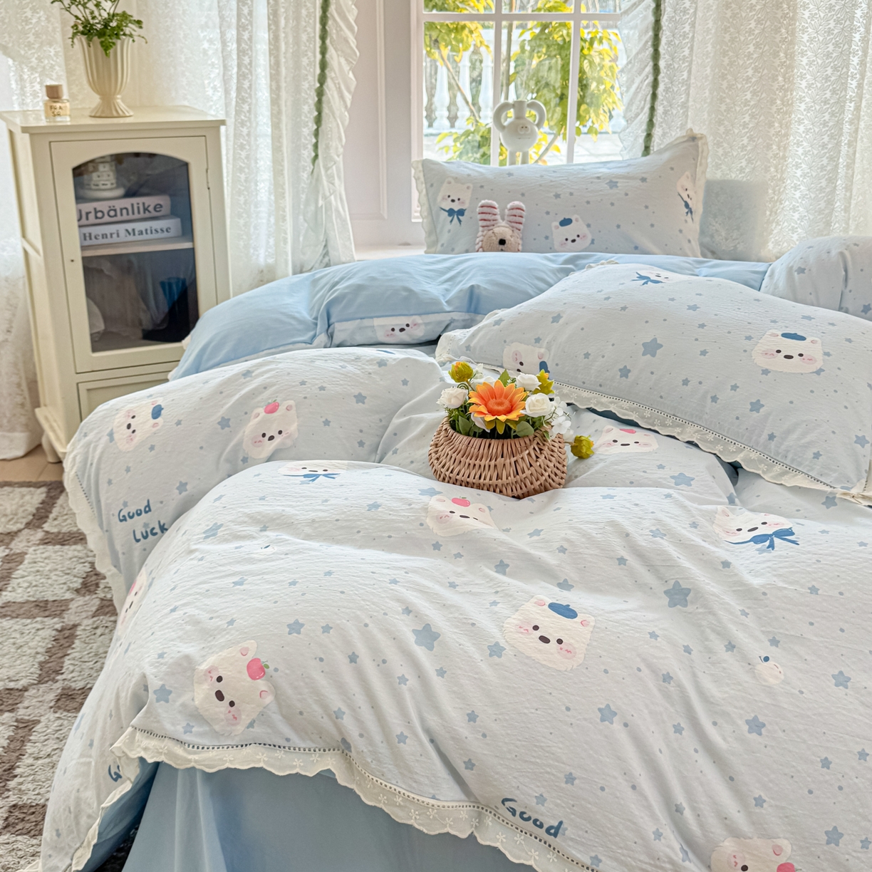 91家纺网 家纺一手货源 找家纺 寻米 2026新款全棉镂空花边云感双层纱四件套 云朵小泡芙