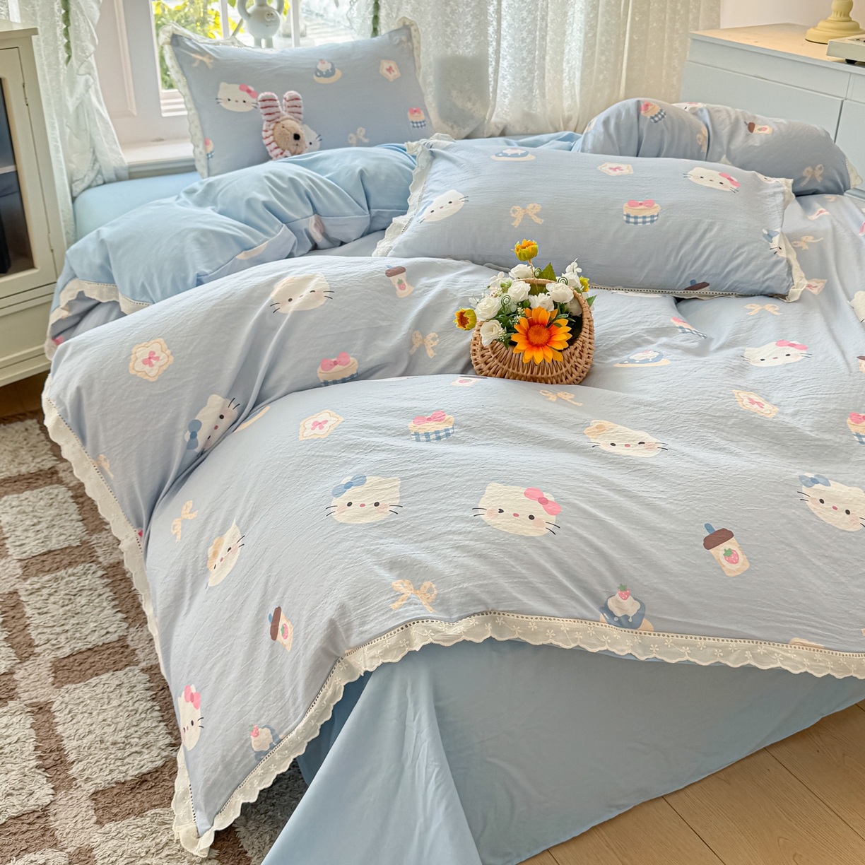 91家纺网 家纺一手货源 找家纺 寻米 2026新款全棉镂空花边云感双层纱四件套 海盐奶糖