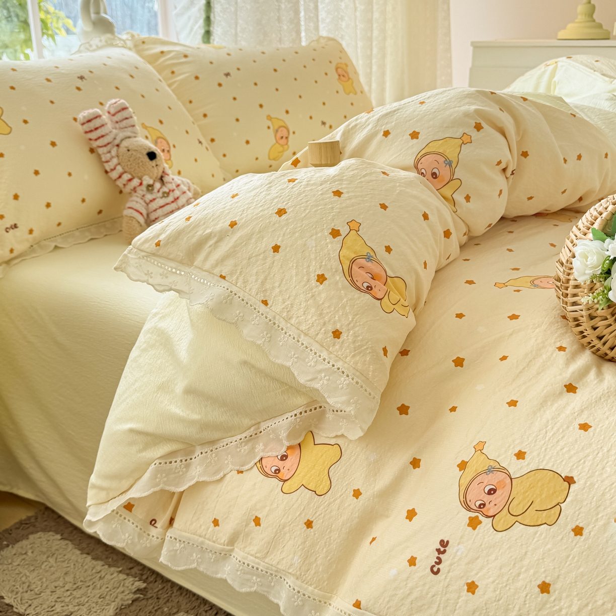 91家纺网 家纺一手货源 找家纺 寻米 2026新款全棉镂空花边云感双层纱四件套 摘星星