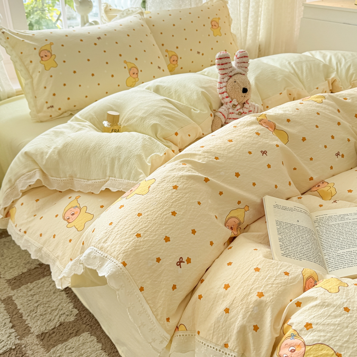 91家纺网 家纺一手货源 找家纺 寻米 2026新款全棉镂空花边云感双层纱四件套 摘星星