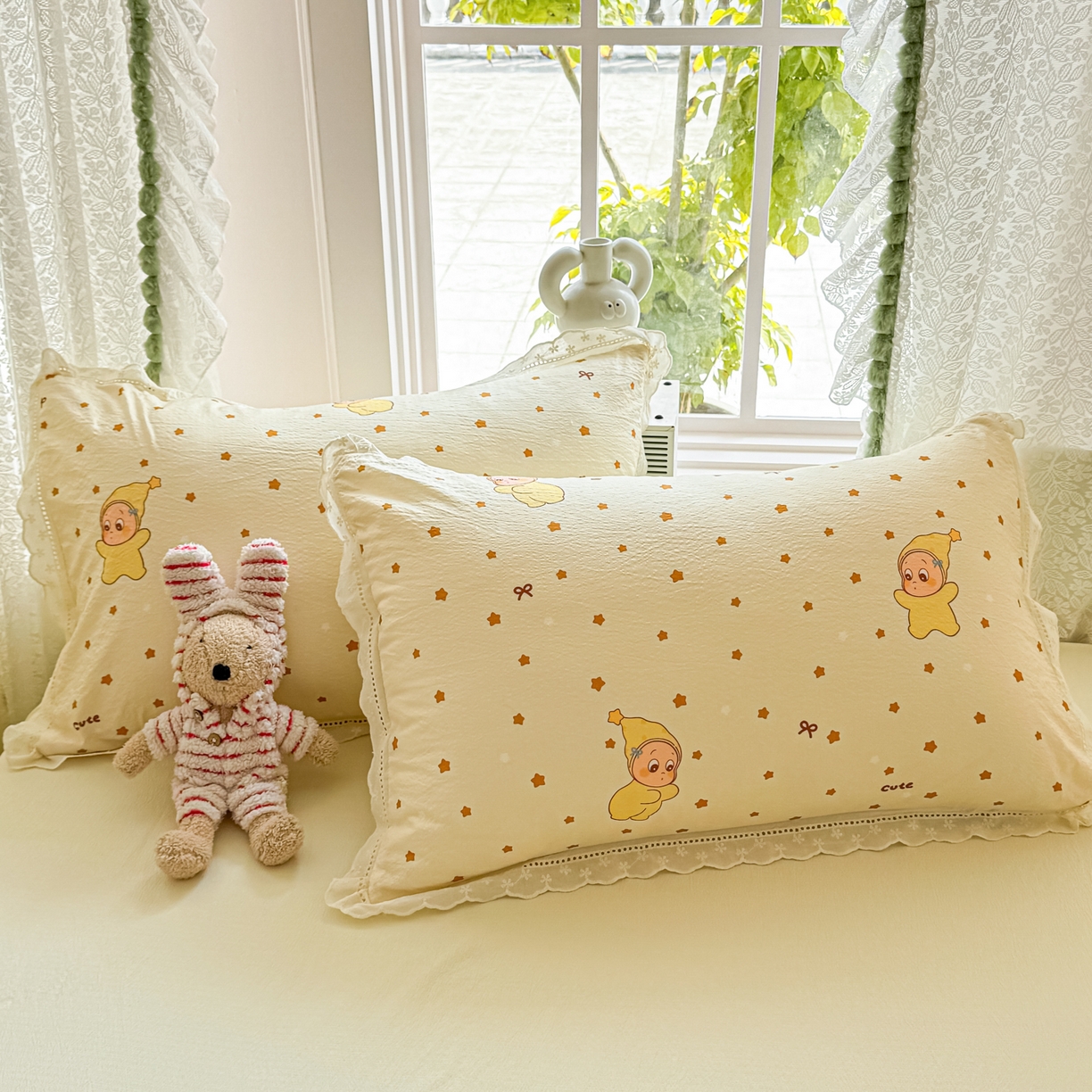 91家纺网 家纺一手货源 找家纺 寻米 2026新款全棉镂空花边云感双层纱四件套 摘星星