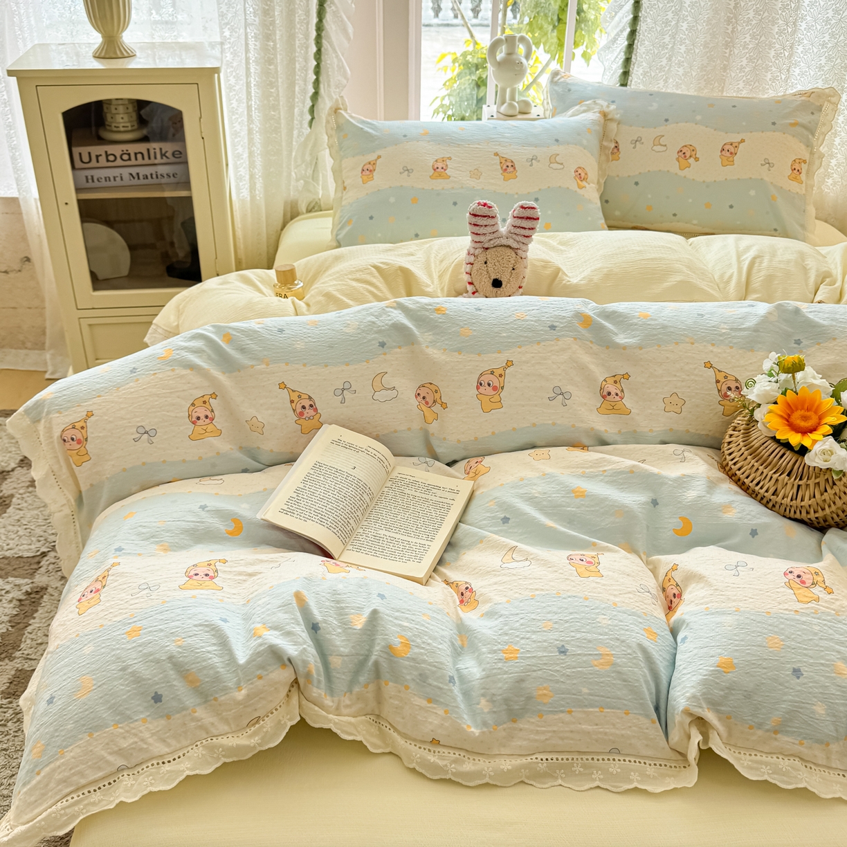 91家纺网 家纺一手货源 找家纺 寻米 2026新款全棉镂空花边云感双层纱四件套 晚安小宝