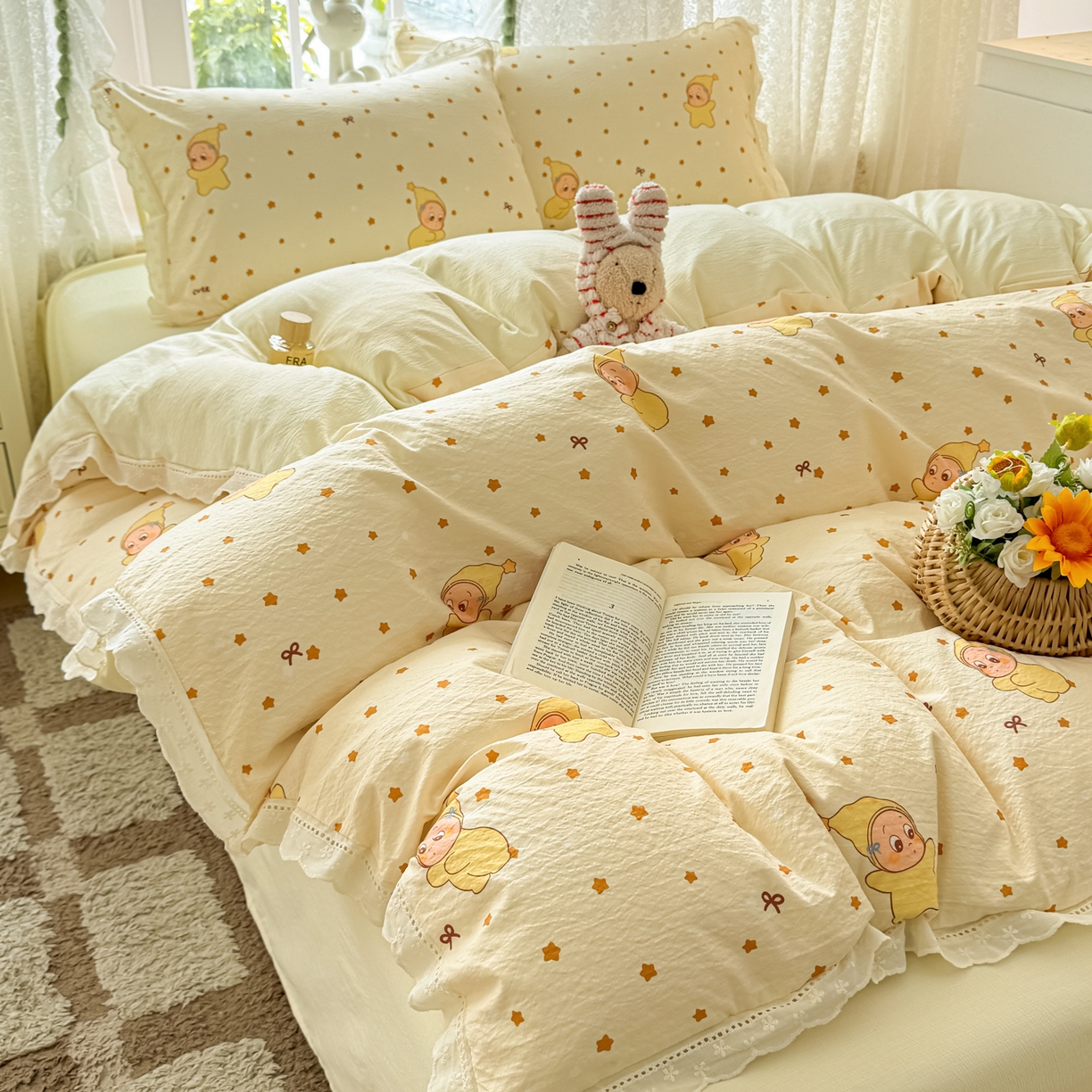 91家纺网 家纺一手货源 找家纺 寻米 2026新款全棉镂空花边云感双层纱四件套 摘星星