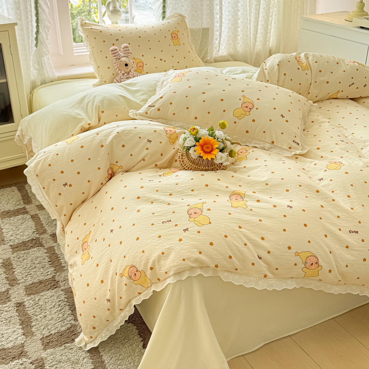 91家纺网 家纺一手货源 找家纺 寻米 2026新款全棉镂空花边云感双层纱四件套 摘星星