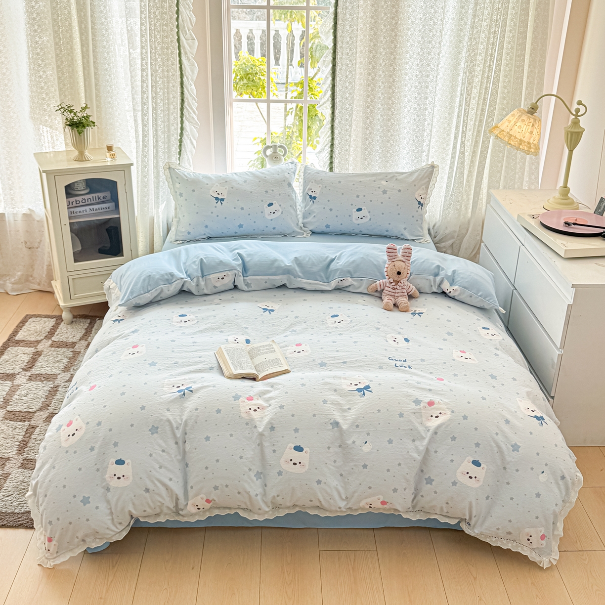 91家纺网 家纺一手货源 找家纺 寻米 2026新款全棉镂空花边云感双层纱四件套 云朵小泡芙